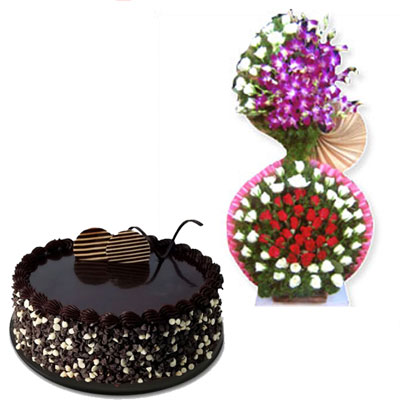 "Chocolate cake - 1kg, Grand Flower Arrangement - Click here to View more details about this Product